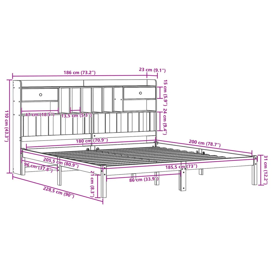 Lit bibliothèque sans matelas blanc 180x200 cm bois pin massif - 11