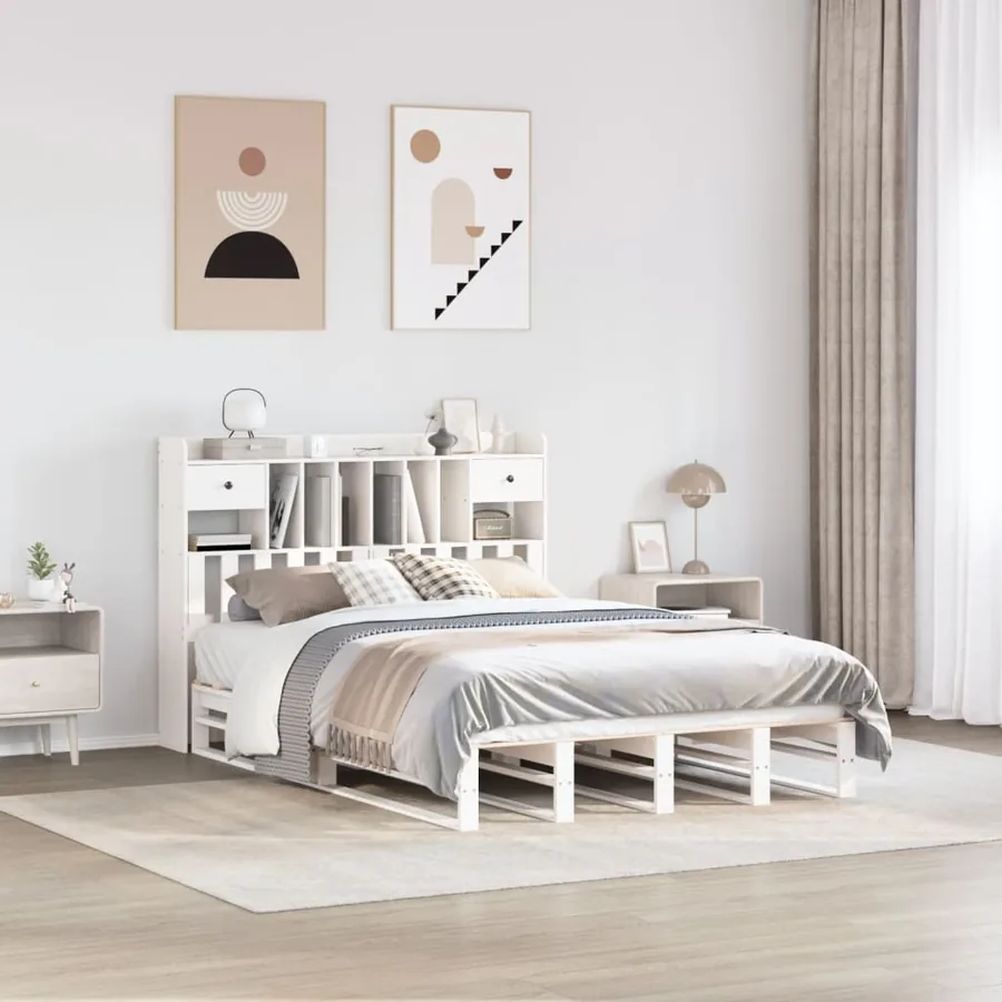Lit bibliothèque sans matelas blanc 160x200 cm bois pin massif