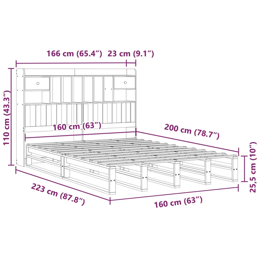 Lit bibliothèque sans matelas blanc 160x200 cm bois pin massif - 12