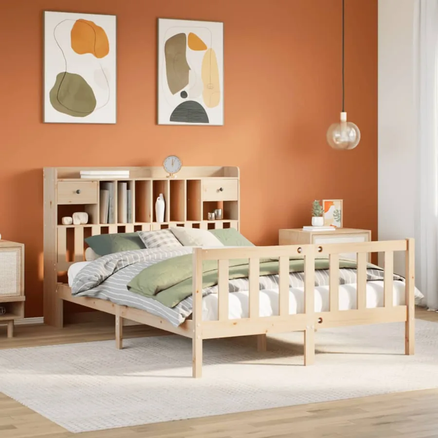 Lit bibliothèque sans matelas 140x200 cm bois massif de pin