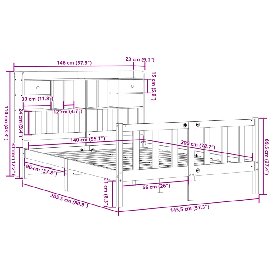 Lit bibliothèque sans matelas 140x200 cm bois massif de pin - 11