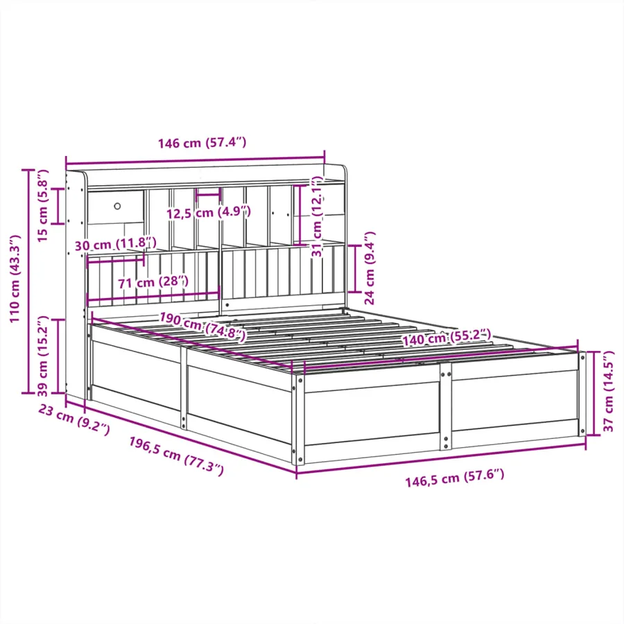 Cadre de lit sans matelas blanc 140x190 cm bois de pin massif - 11