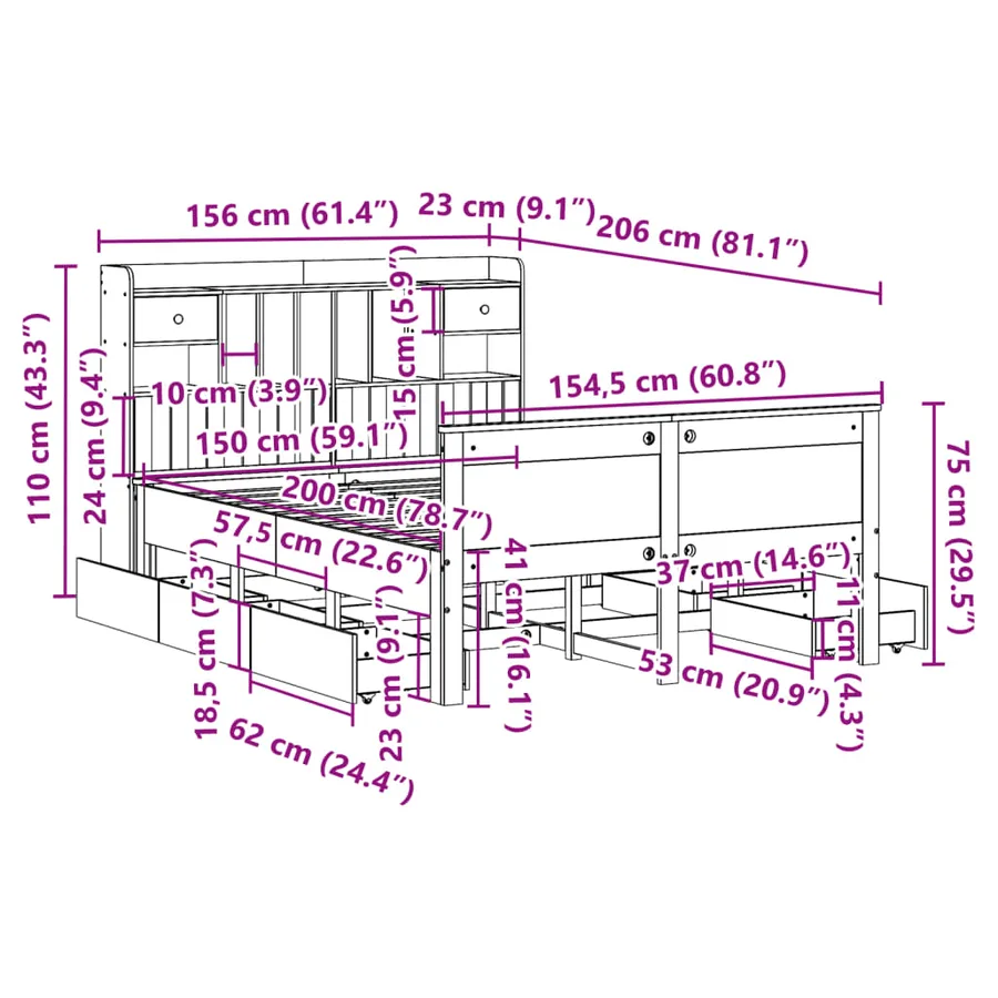 Lit bibliothèque sans matelas cire marron 150x200 cm pin massif - 15