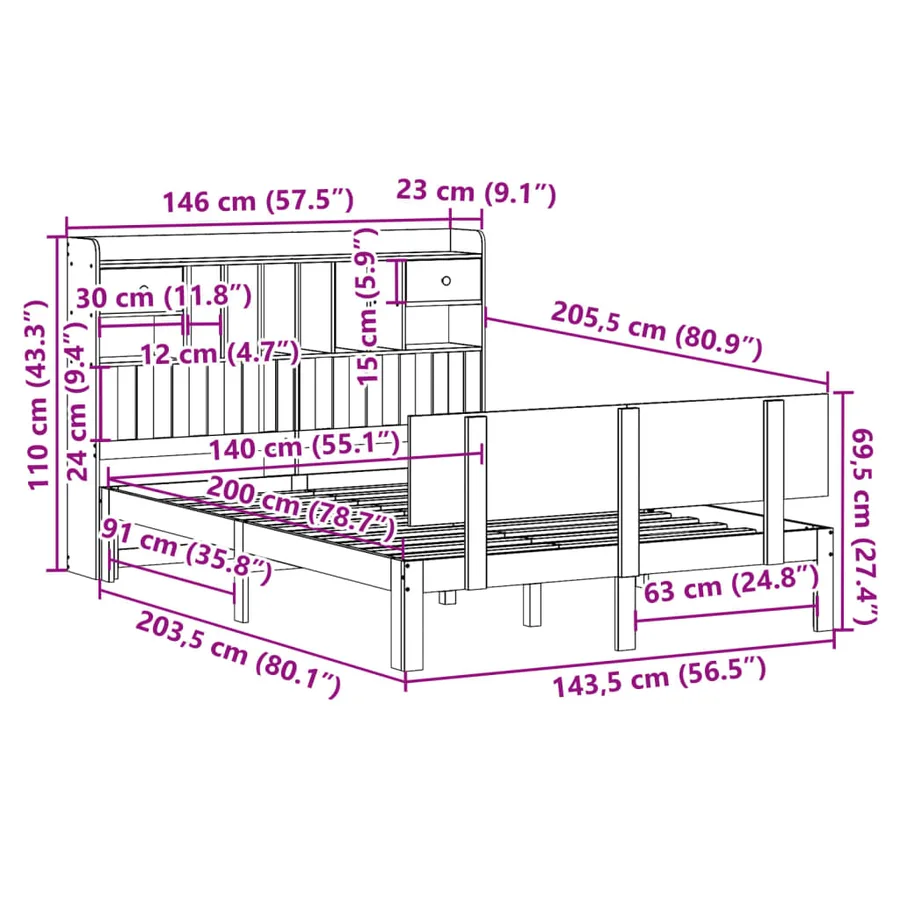 Lit bibliothèque sans matelas blanc 140x200 cm bois pin massif - 11