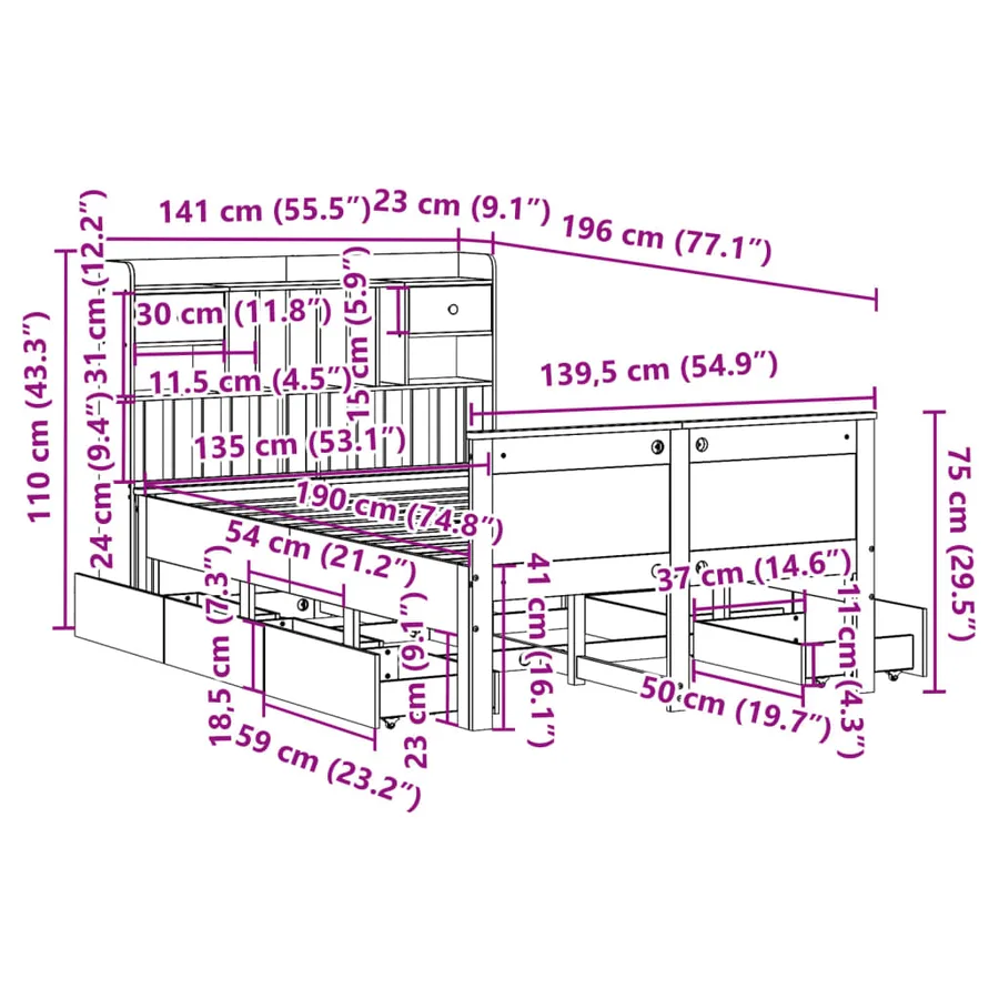 Lit bibliothèque sans matelas 135x190 cm bois de pin massif - 15