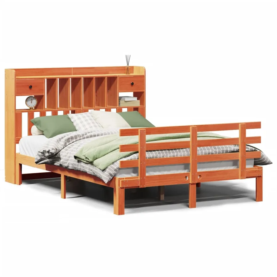 Lit bibliothèque sans matelas cire marron 140x190 cm pin massif - 2