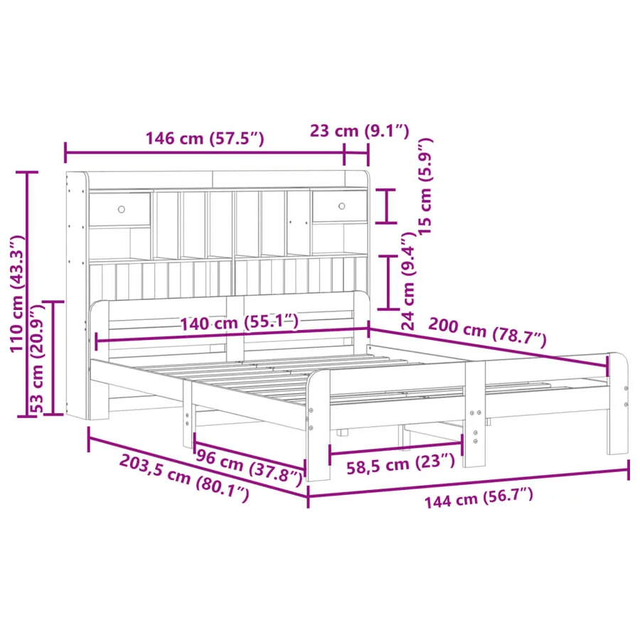 Lit bibliothèque sans matelas cire marron 140x200 cm pin massif - 11