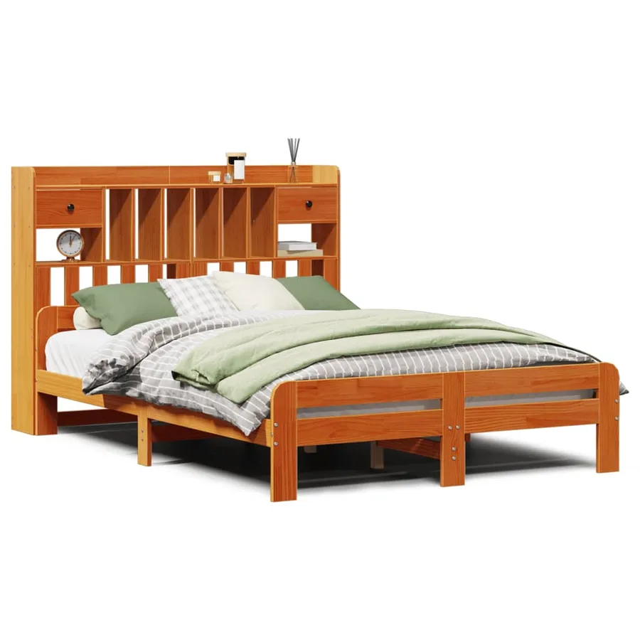 Lit bibliothèque sans matelas cire marron 140x200 cm pin massif - 2