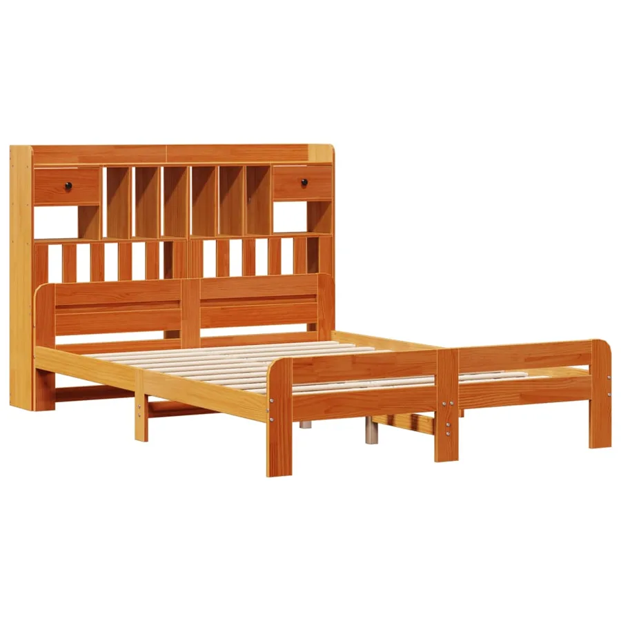 Lit bibliothèque sans matelas cire marron 140x200 cm pin massif - 3