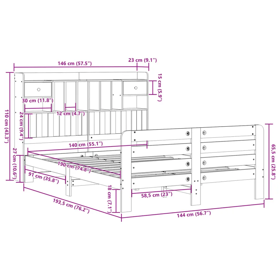 Lit bibliothèque sans matelas cire marron 140x190 cm pin massif - 11