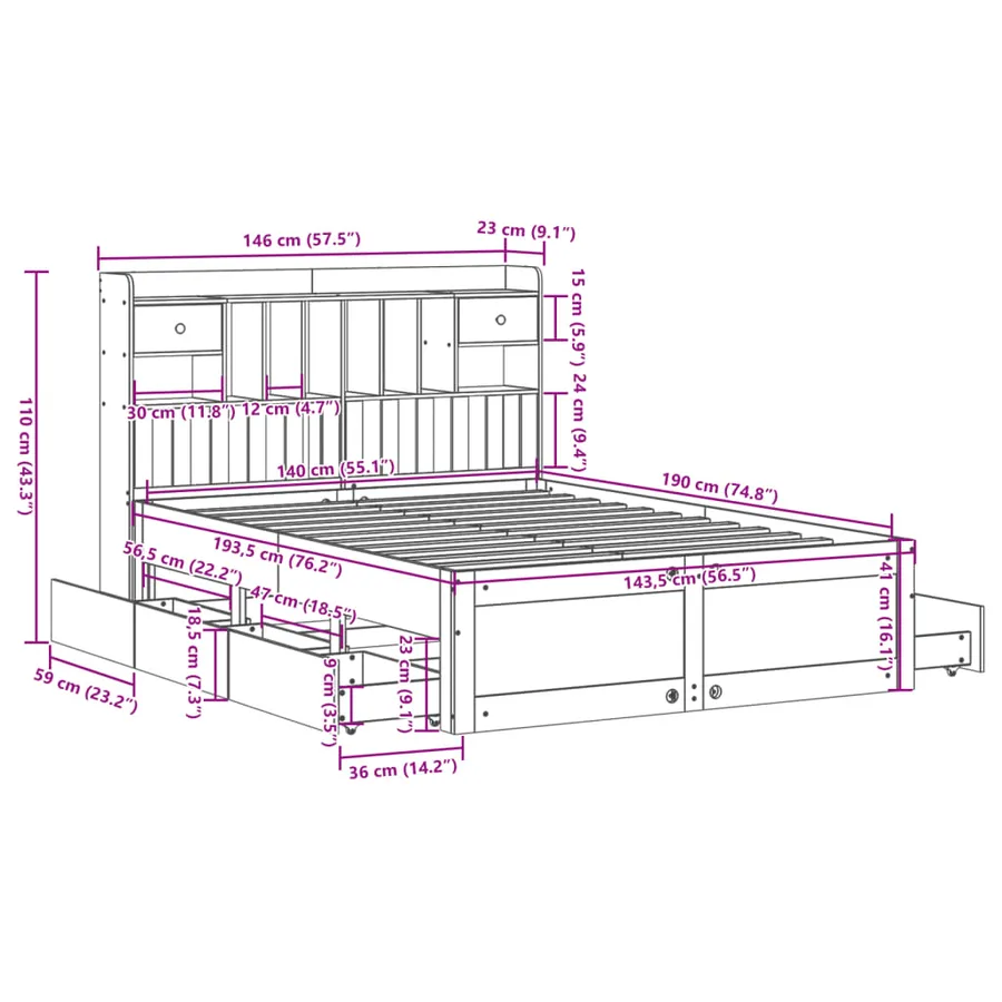 Lit bibliothèque sans matelas cire marron 140x190 cm pin massif - 16