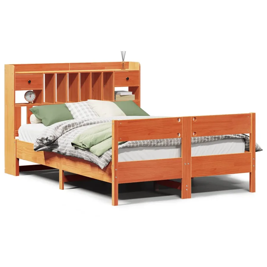 Lit bibliothèque sans matelas cire marron 140x190 cm pin massif - 2