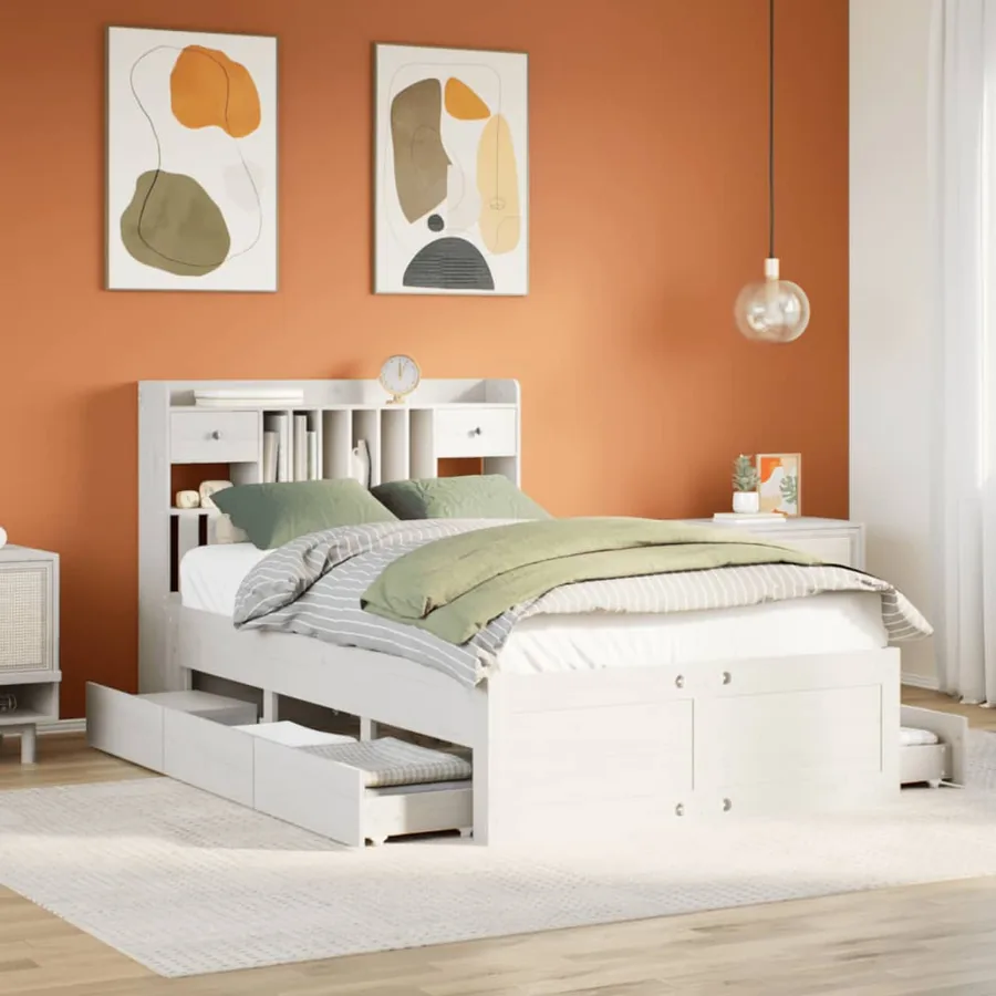 Lit bibliothèque sans matelas blanc 135x190 cm bois pin massif