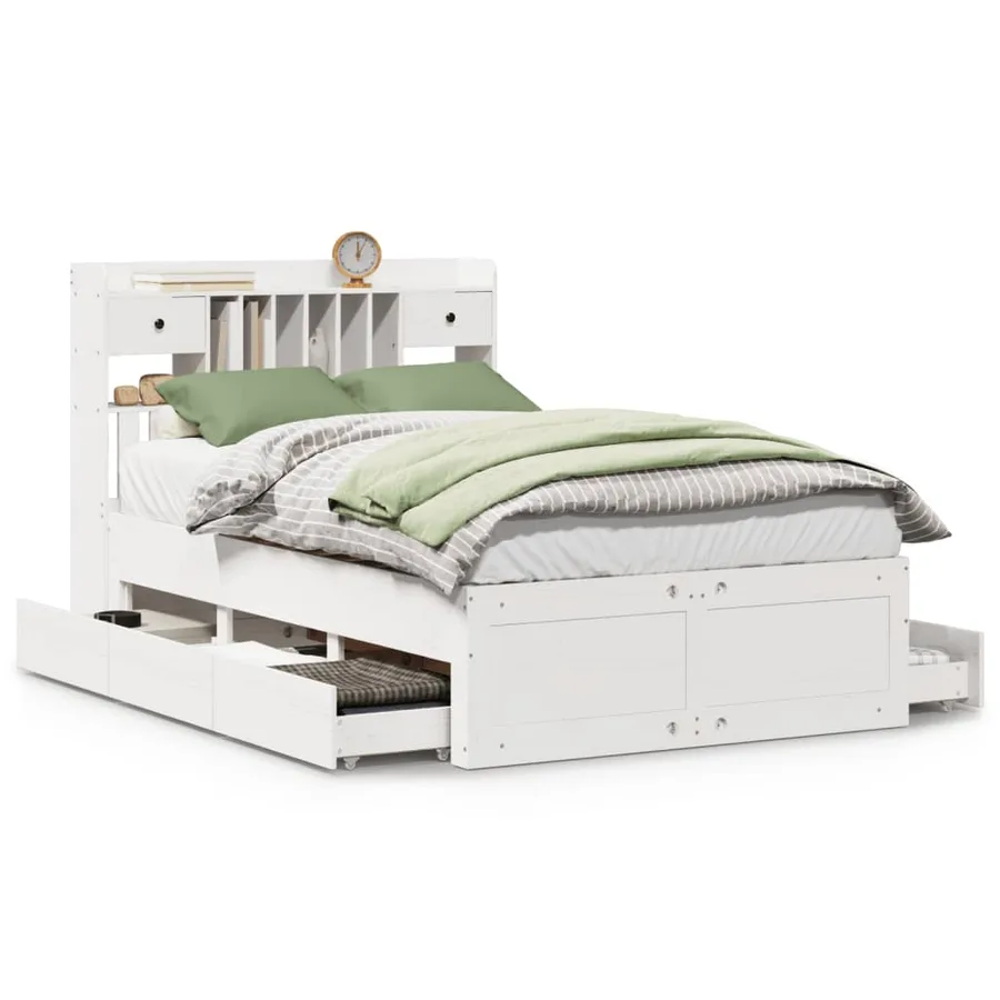 Lit bibliothèque sans matelas blanc 135x190 cm bois pin massif - 2