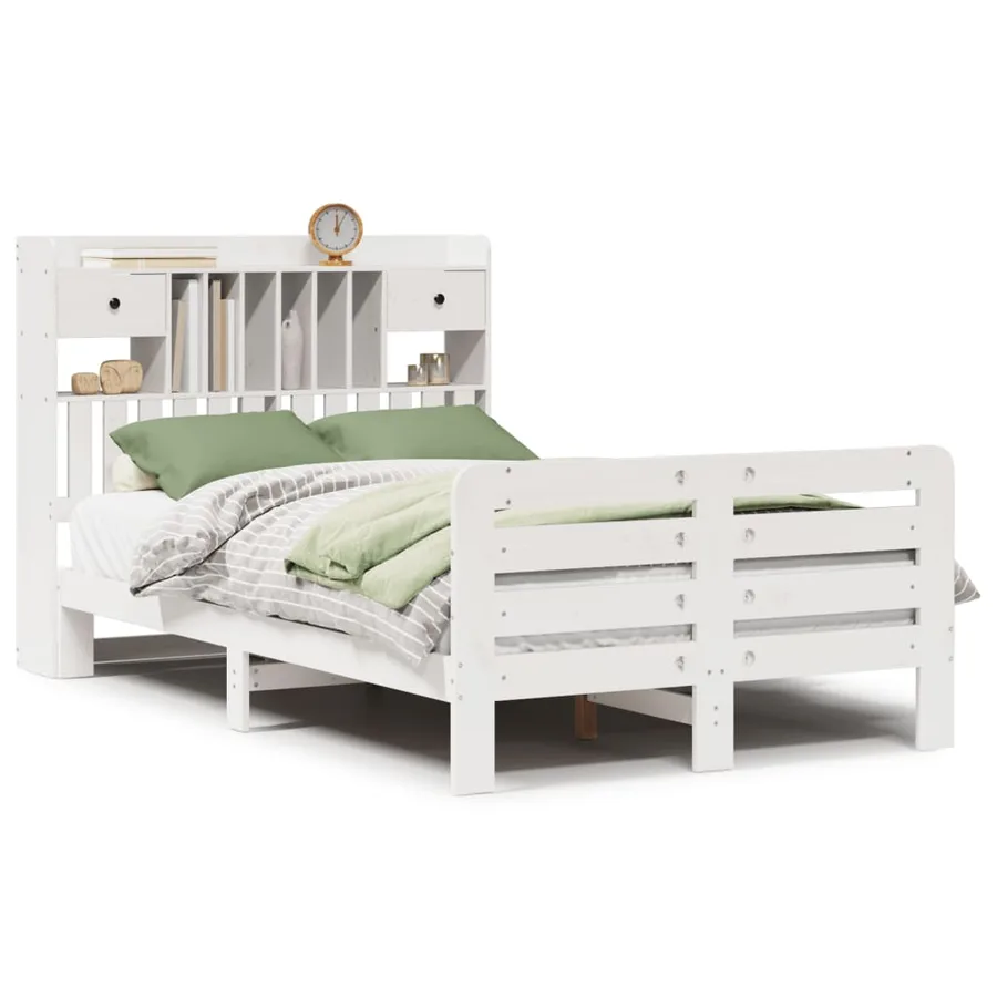 Lit bibliothèque sans matelas blanc 135x190 cm bois pin massif - 2