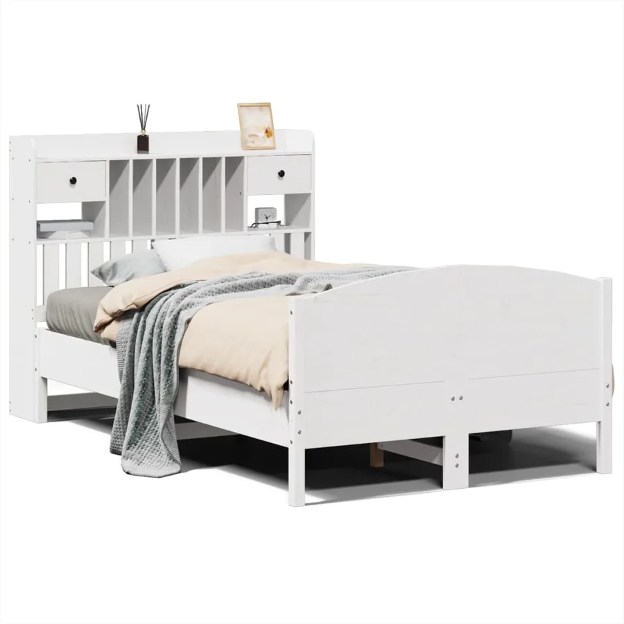 Lit bibliothèque sans matelas blanc 135x190 cm bois pin massif - 2