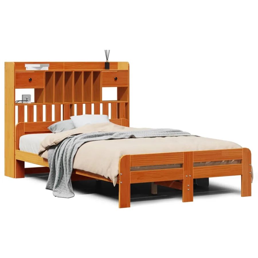 Lit bibliothèque sans matelas cire marron 135x190 cm pin massif - 2