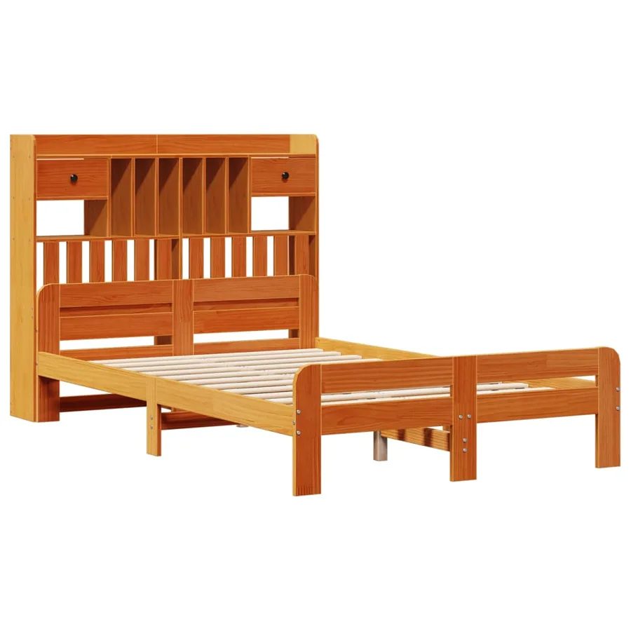 Lit bibliothèque sans matelas cire marron 135x190 cm pin massif - 3