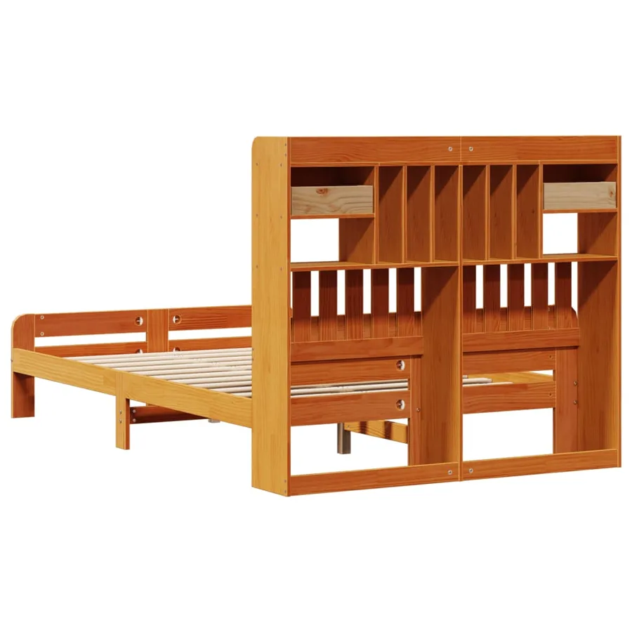 Lit bibliothèque sans matelas cire marron 135x190 cm pin massif - 6
