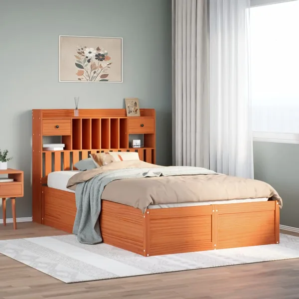 Cadre de lit sans matelas cire marron 135x190cm bois pin massif