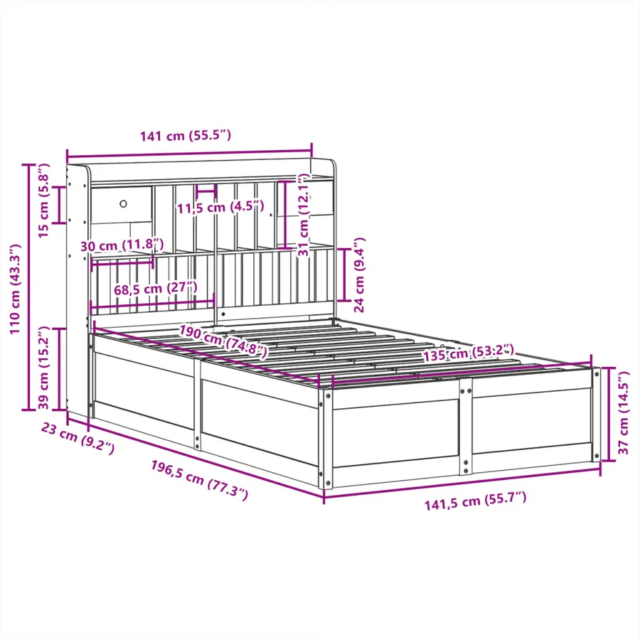 Cadre de lit sans matelas cire marron 135x190cm bois pin massif - 11