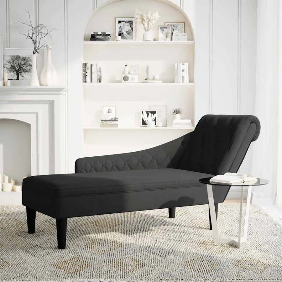 Fauteuil long avec coussin et accoudoir droit noir tissu - 2
