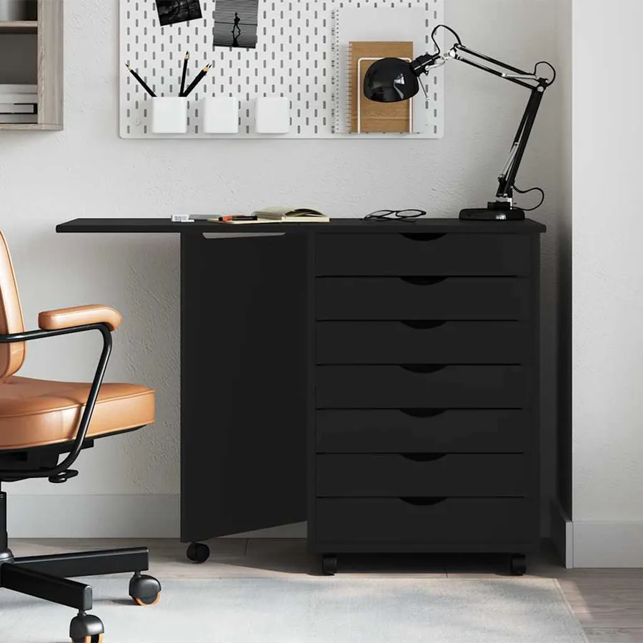 Armoire roulante avec bureau MOSS noir bois de pin solide - 2