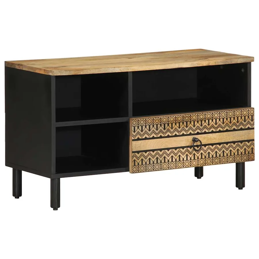 Meuble TV noir 80x33,5x46 cm bois massif manguier brut
