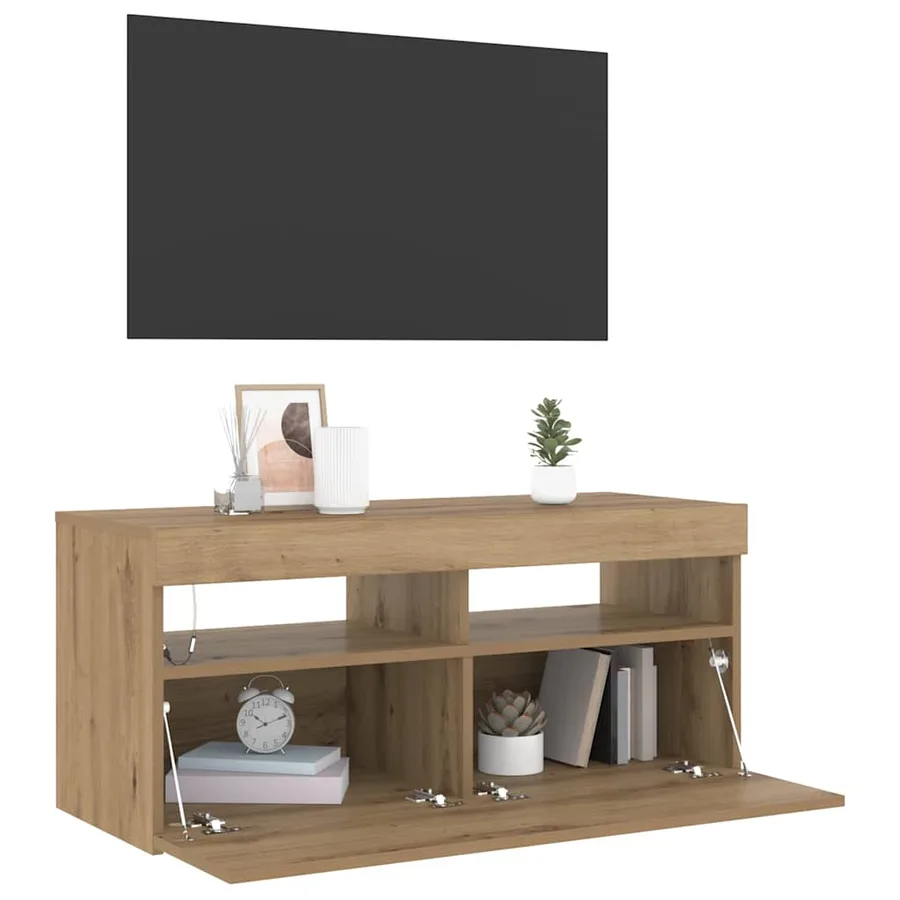 Meuble TV avec lumières LED chêne artisanal bois d'ingénierie - 14