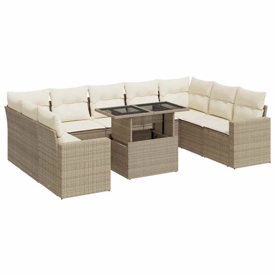 Salon de jardin avec coussins 10 pcs beige résine tressée - 2