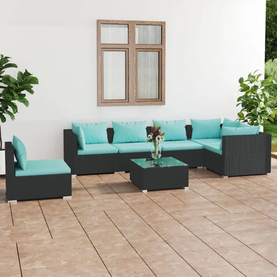 Salon de jardin 7 pcs avec coussins Résine tressée Noir