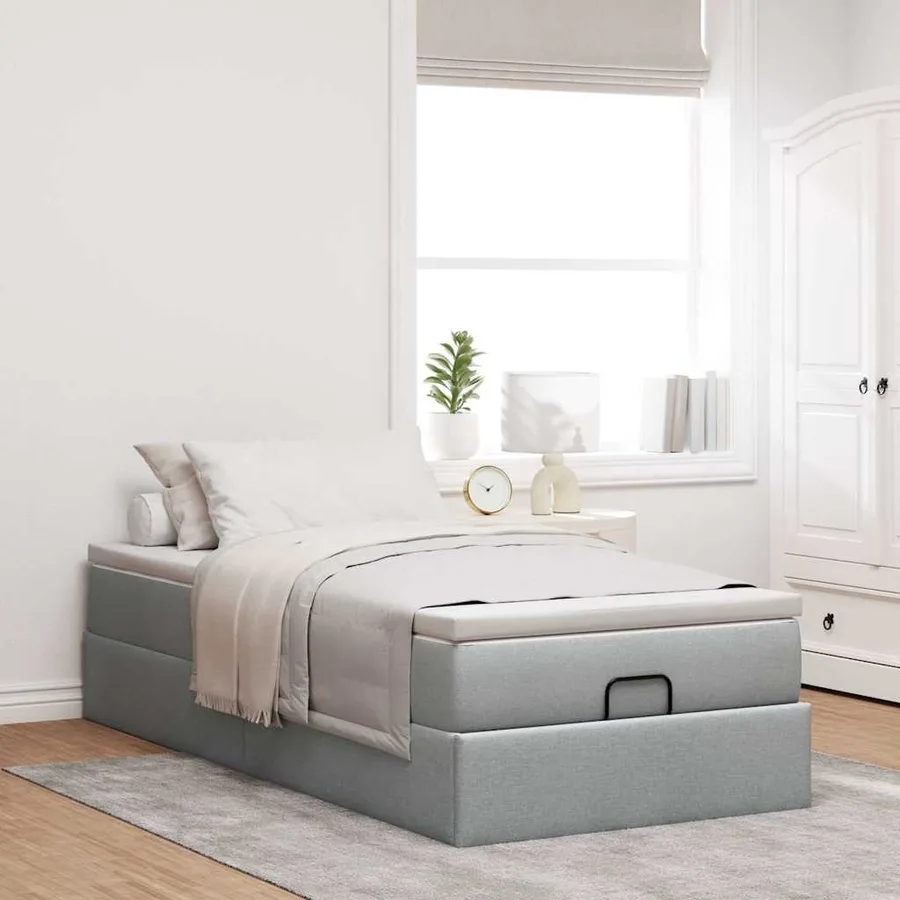 Cadre de lit ottoman et matelas gris clair 100x200 cm tissu - 3
