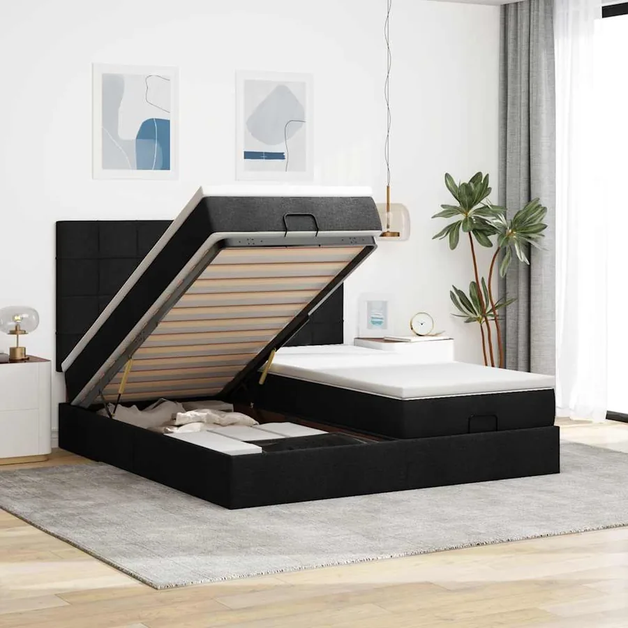 Cadre de lit ottoman avec matelas noir 180x200cm tissu