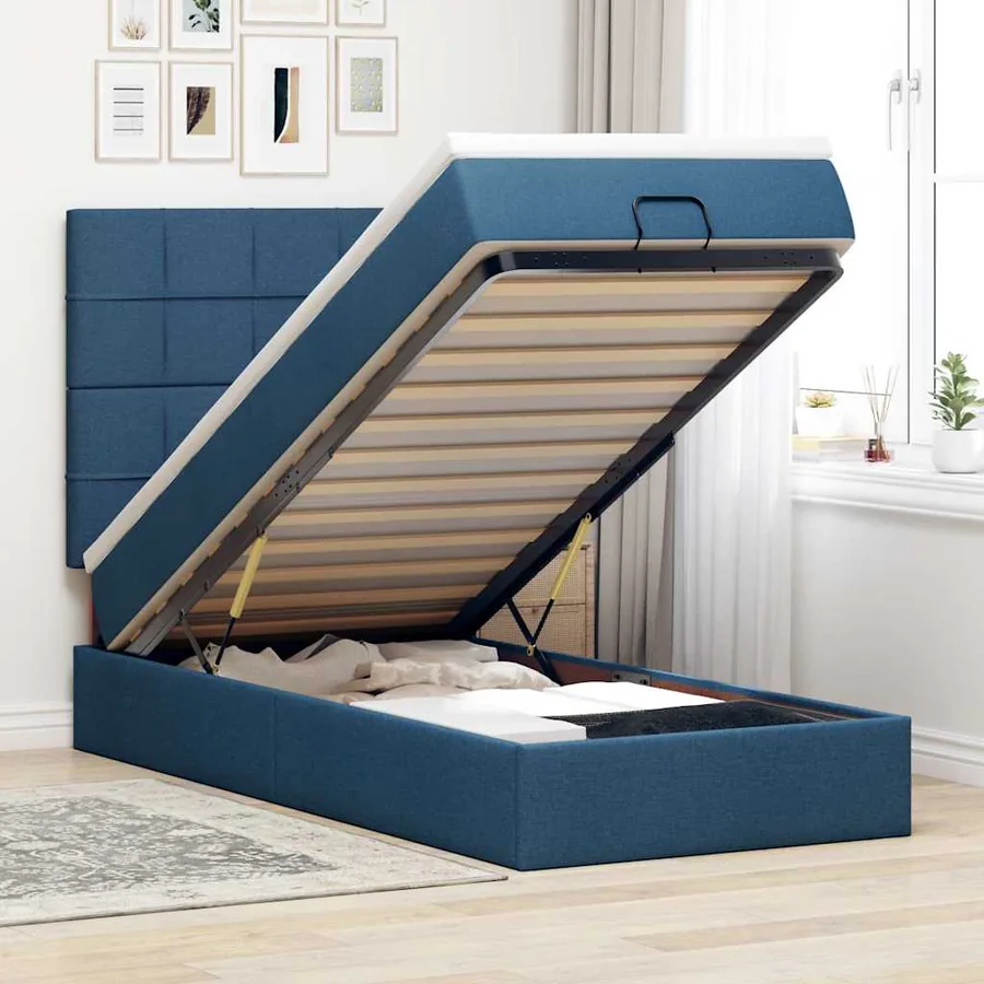 Lit ottoman avec matelas bleu 90x200 cm tissu
