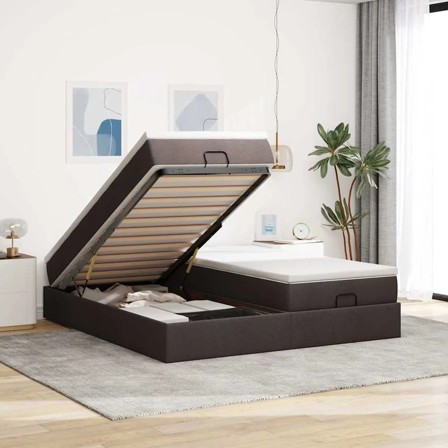 Cadre de lit ottoman avec matelas marron foncé 180x200 cm tissu