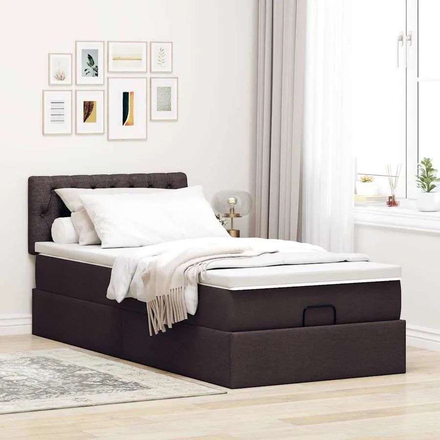 Lit ottoman avec matelas et LED marron foncé 90x200 cm tissu - 4