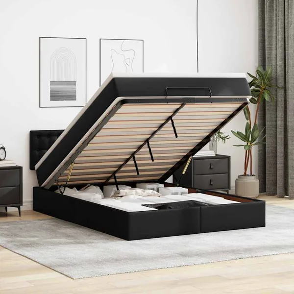 Cadre de lit ottoman avec matelas noir 140x200 cm similicuir