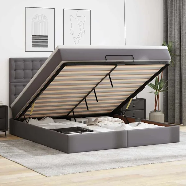 Cadre de lit ottoman avec matelas gris 160x200 cm similicuir