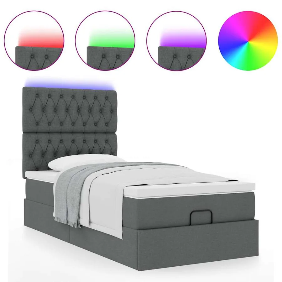 Lit ottoman avec matelas et LED gris foncé 90x200 cm tissu - 5