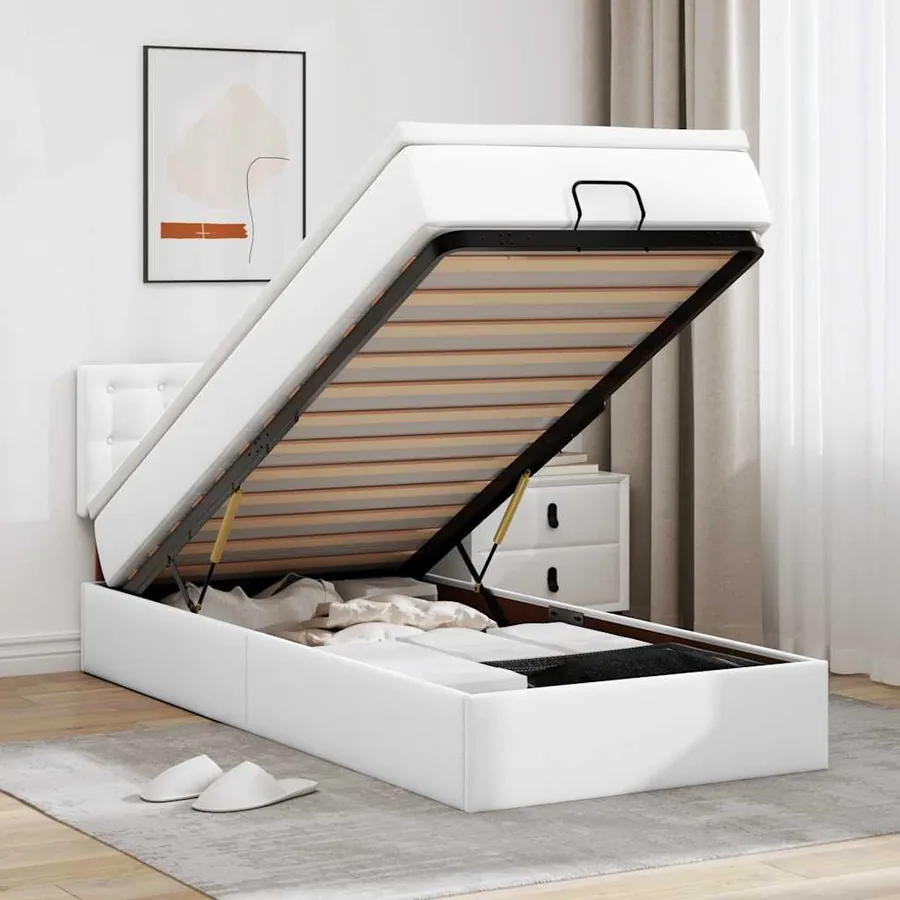 Lit ottoman avec matelas blanc 90x200 cm similicuir