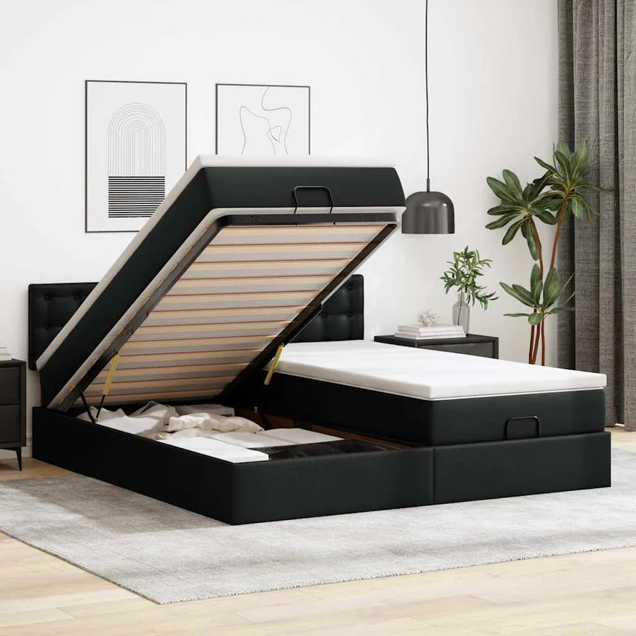 Cadre de lit ottoman avec matelas noir 200x200 cm similicuir