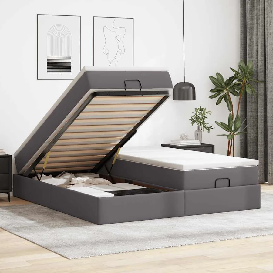 Cadre de lit ottoman avec matelas gris 180x200 cm similicuir