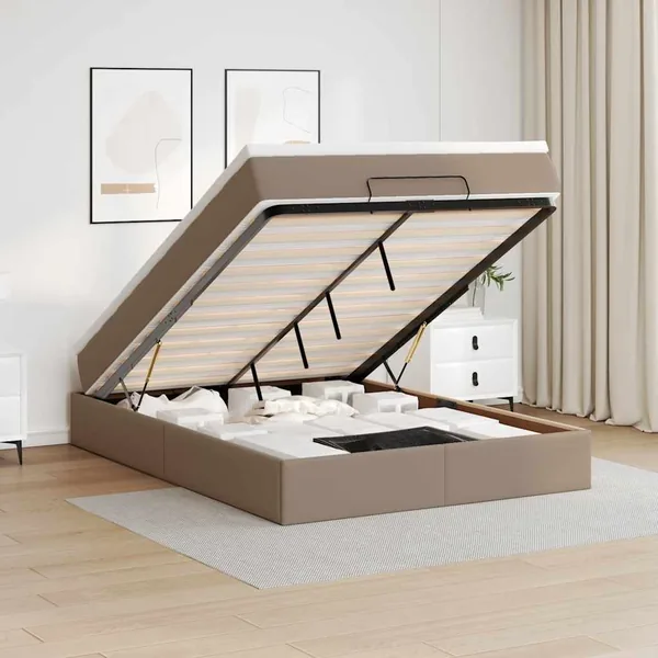 Cadre de lit ottoman et matelas cappuccino 140x200cm similicuir