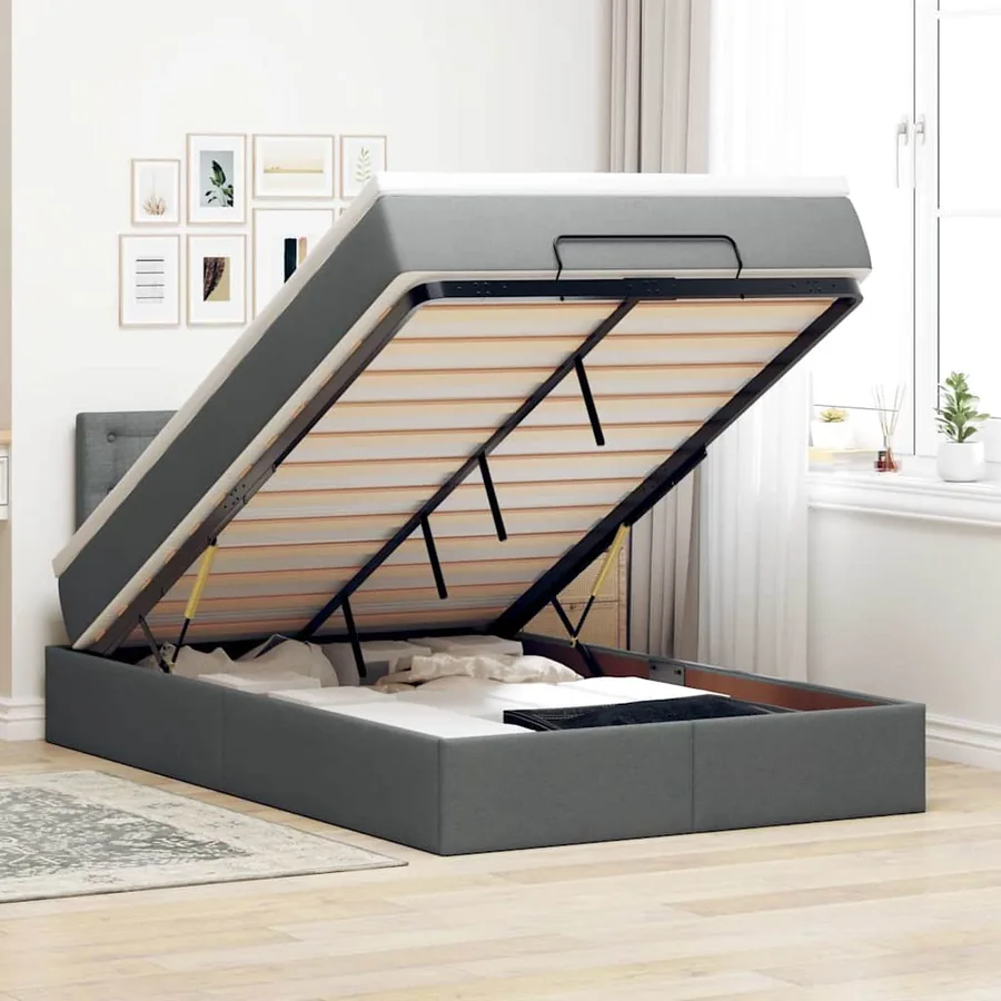 Lit ottoman avec matelas et LED gris foncé 120x200 cm tissu