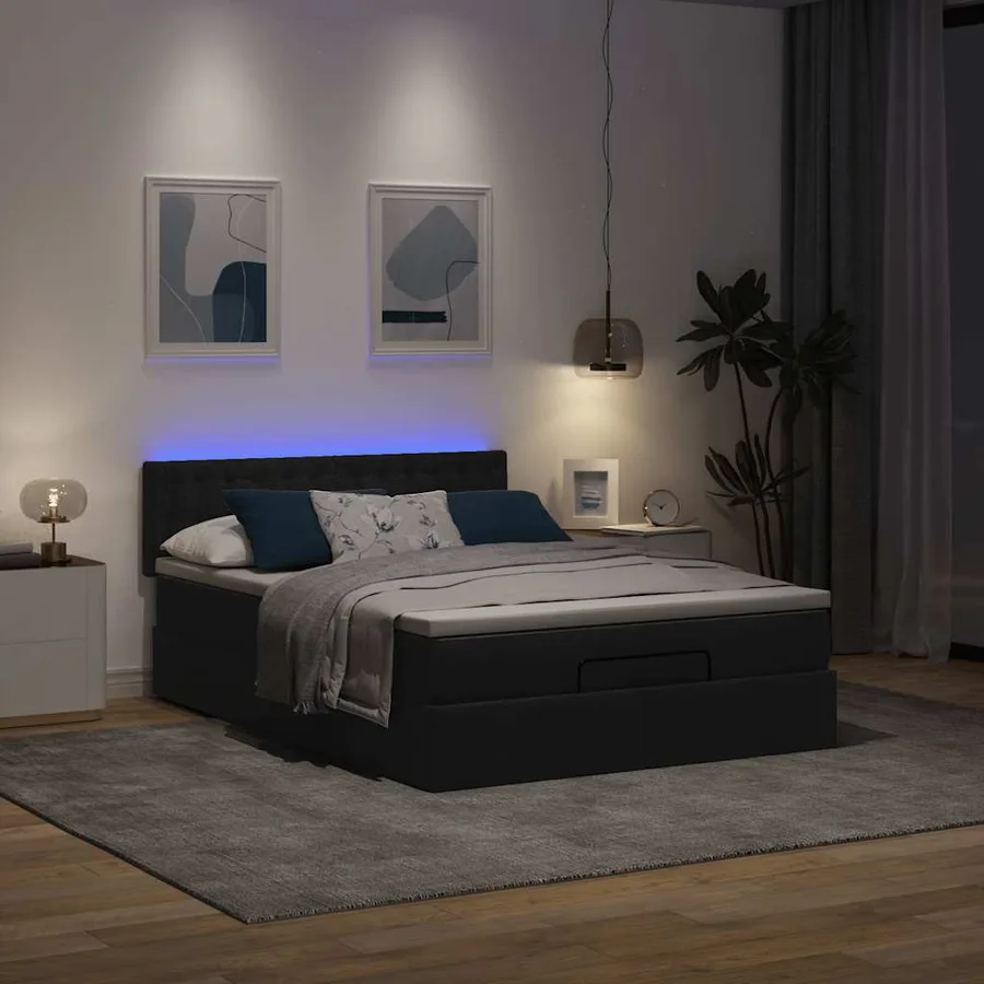 Lit ottoman avec matelas et LED noir 140x190 cm tissu - 3