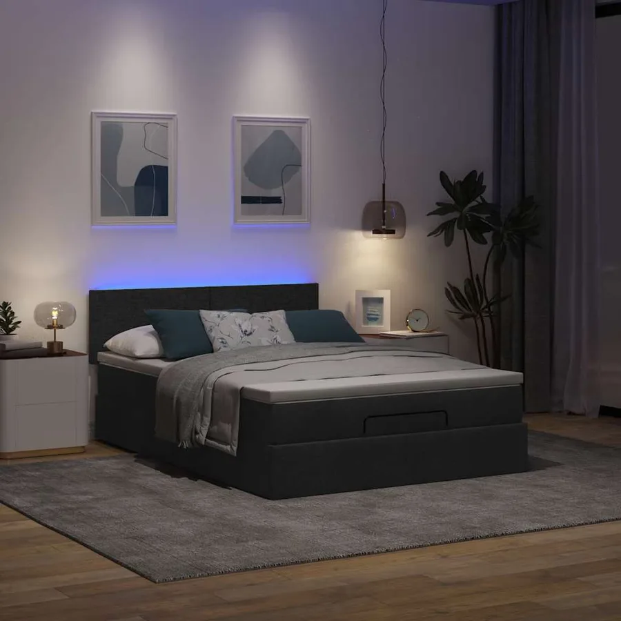 Lit ottoman avec matelas et LED noir 140x190 cm tissu - 3