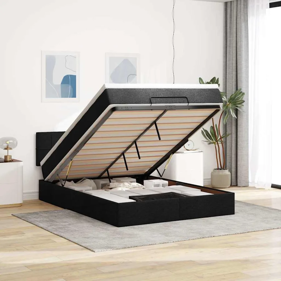 Lit ottoman avec matelas noir 140x190 cm tissu