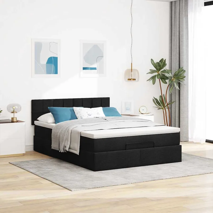Lit ottoman avec matelas noir 140x190 cm tissu - 3