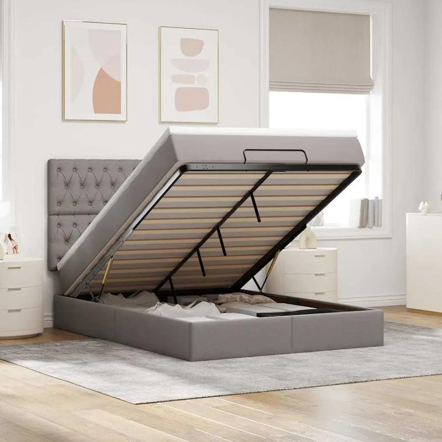 Cadre de lit ottoman avec matelas taupe 140x190 cm tissu