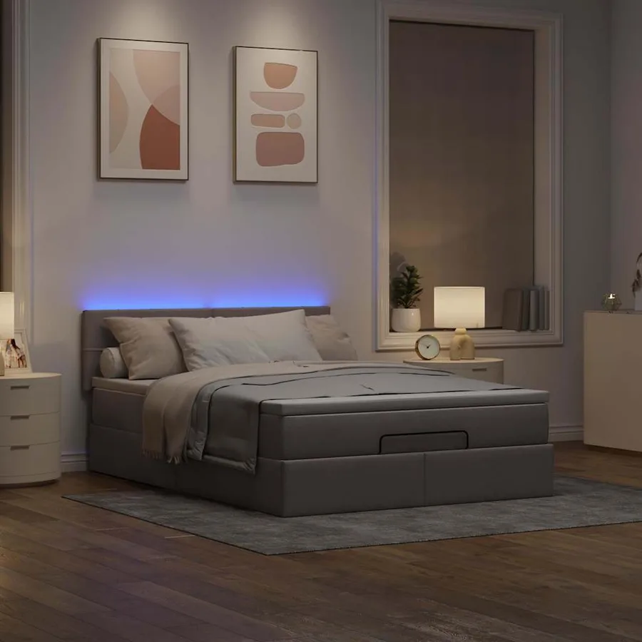 Lit ottoman avec matelas et LED taupe 140x190 cm tissu - 3
